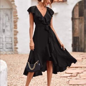 Boho navy blue or black ruffle hem wrap
belted maxi dress